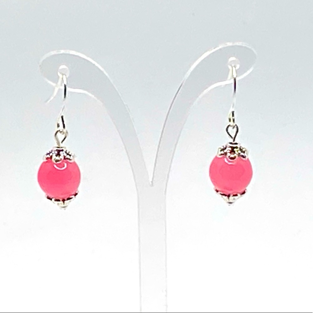 Simple short drop earrings with pink marble and silver accents